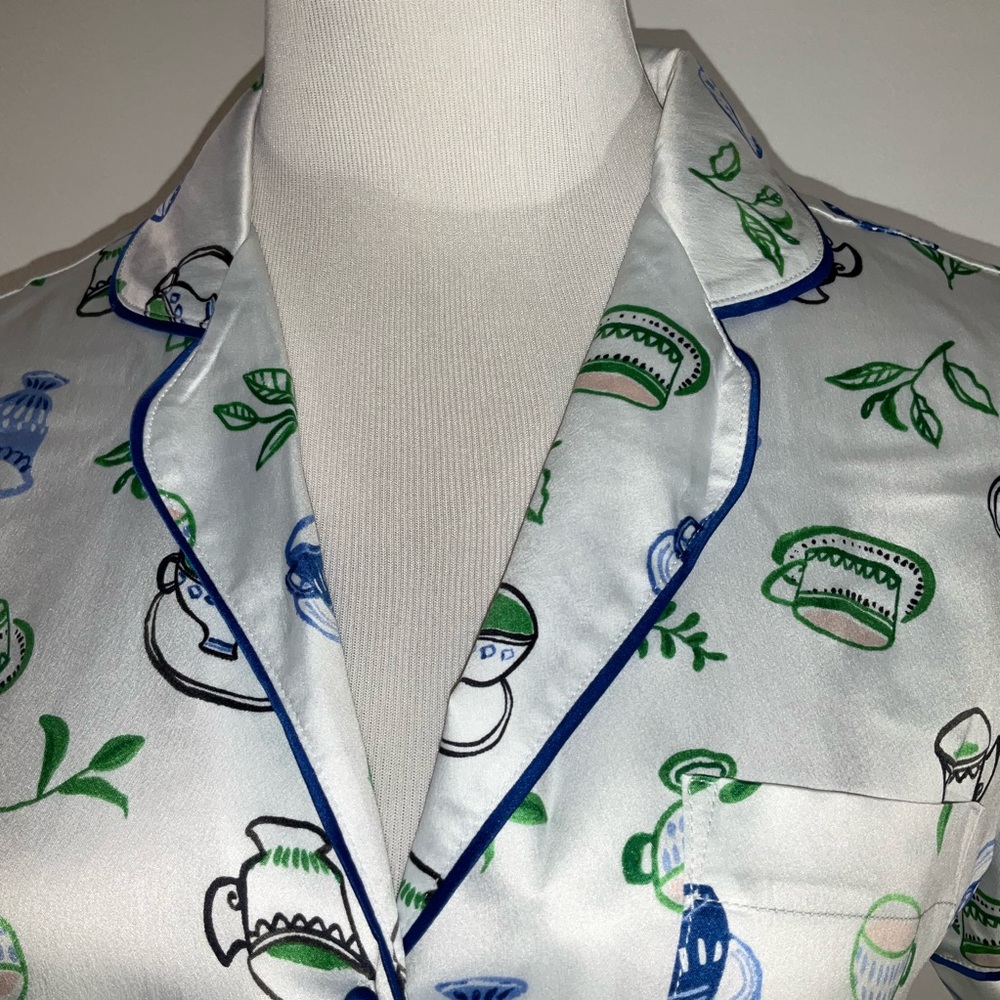 Kate Spade White Pajama Set with Playful Tea Print